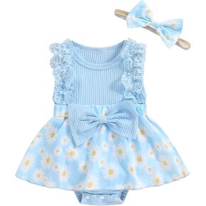 Mubineo Baby Girl Clothes Summer Romper Dress Cute Outfits Sleeveless Ruffle Lace Flower Skirt Infant Newborn Outfit (US, Age, 6 Months, 12 Months, Blue)