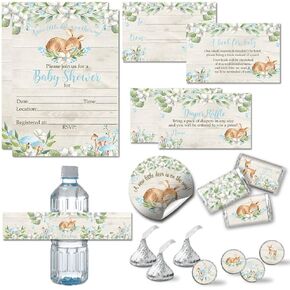 Amanda Creation Little Deer Woodland Boy Baby Shower Party Bundle Includes 20 each of Invitations with Envelopes + 4 Different Sizes of Decorative Stickers, Diaper Tickets & Bring a Book Cards