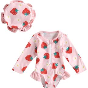 BULINGNA Infant Baby Girl Summer Long Sleeve Rash Guard Zip Up Strawberry Floral One Piece Swimsuit with Hat Bathing Suit
