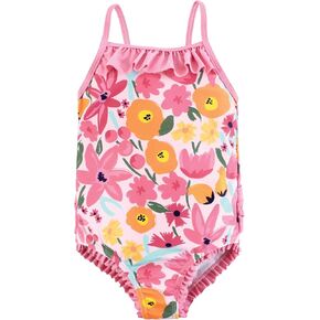 Hudson Baby Baby Girl's Toddler Swimsuit, Pink Orange Floral, 3T