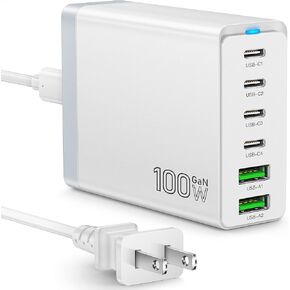 Fast USB C Charging Station, Total 100W 6-Port Charger Block with 4 USB-C and 2 USB-A Ports Quick 3.0 Adapter Work for iPhone 15 14 13 12 Pro Max, iPad, Galaxy, Pixel Portable Multiport Hub (Black)