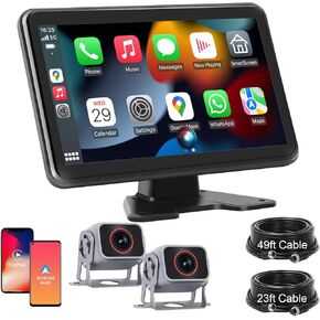 10'' CarPlay with Backup Camera System, Wireless Apple Carplay & Android Auto, Touch Screen Monitor, 2 AHD 1080P Rearview Reverse Cameras, Colorful Night Vision, IP68-rated for Truck/RV/Trailer/Vans