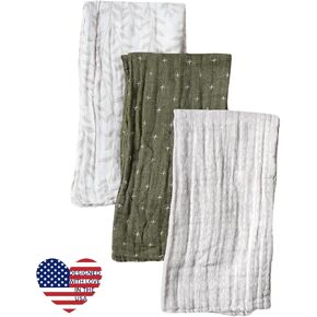 Organic Muslin Burp Cloths, Set of 3 | 100% Cotton Boho Extra-Large 22"x12" Soft Absorbent Shower Gift Essentials Gear Three Pack Burping Cloth Rags Towels for Newborn Boys Girls