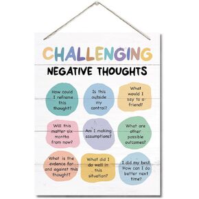 Growth Mindset Decor Sign, Hanging Printed Wall Plaque Wood Signs, School Psychologist Wall Art for Office Decor, Counselor Posters CBT Classroom Challenging Negative Thoughts, Gifts for Kids 10X7.8in