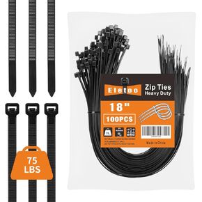 18 inch Black Zip Ties Heavy Duty (100 Pack), 75LBS Tensile Strength, Self-Locking Nylon PA66 UV Resistant Cable Ties for Indoor and Outdoor Use