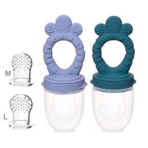 2 Pack Baby Fruit Food Feeder Pacifier Fresh Fruit Feeder Silicone BPA Free [Includes 2 Sizes Food Bag] Silicone Training Massage Toy teether, Toddler Baby Teething Toy (2Pack_Bluish Gray & Cyan)