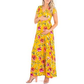 Mother Bee Maternity Short Sleeve Ruched Waist Faux Wrap Maxi Dress
