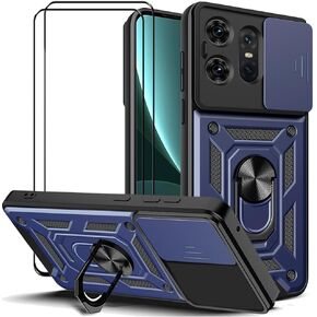 Case for Motorola Edge 50 Pro with Tempered Glass Screen Protector [2 Pack],Sliding Camera Window, Kickstand, Shock-Proof Anti-Scratch Dual-Layer Phone Cover, Black