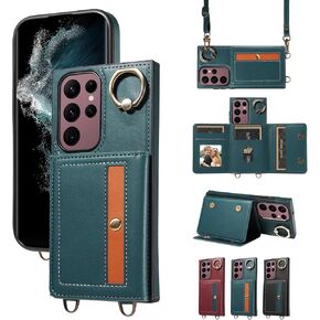 Phone Case for Samsung Galaxy S23 Ultra 5G Wallet Cover with Crossbody Shoulder Strap and Leather Card Holder Credit Pocket 360°Rotatable Stand S23Ultra 23S S 23 23Ultra 6.8 inch Girls Black