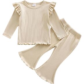 Kupretty Baby Girl Clothes Fall Solid Ribbed Knit Ruffle T-Shirt Tee & Flare Pants Set Toddler Bell-bottoms Outfit