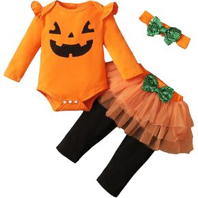 Baby Girl Halloween Outfit Pumpkin Bodysuit whit Headband