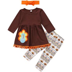 3Pcs Kids Toddler Baby Girls Turkey T-Shirt Top Dress+Pants+Headband Thanksgiving Outfit Clothes Set