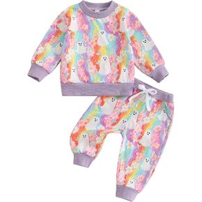 Toddler Baby Girl Halloween Outfit Spooky Sweatshirt Floral Rainbow Long Sleeve Top Pants Fall Winter Clothes