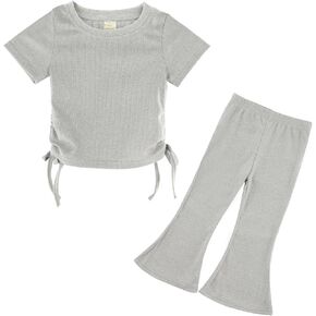 Toddler Baby Girls Summer Clothes Set - Solid Ribbed Knit Short Sleeve T-Shirts Tee & Flared Pants Sets 2T-7 Years in Kuwait