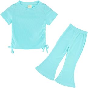Toddler Baby Girls Summer Clothes Set - Solid Ribbed Knit Short Sleeve T-Shirts Tee & Flared Pants Sets 2T-7 Years