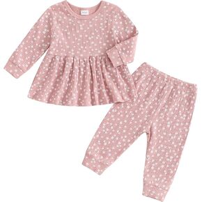 Mandizy Toddler Girl Clothes Fall Knit Ribbed Long Sleeve Shirt Ruffle Tops Pants Set 1T 2T 3T 4T 5T Little Kids Outfit
