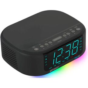 Emerson 6-Watt Smartset Stereo Sound Bluetooth Speaker AM/FM Radio with 7-Color Changing Lights, 1.2" Cyan Display and USB Type-C Charging, Black