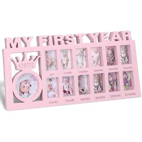 My First Year Picture Frame - Baby First Year Photo Frame for Baby 12 Month Picture Frame and Growth Record, Pink