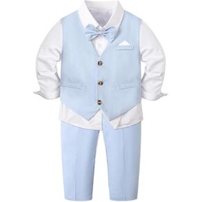 Cromoncent Boy Cotton and Linen Gentleman Suit, Shirt + Pants + Vest, 3 Months - 9 Years