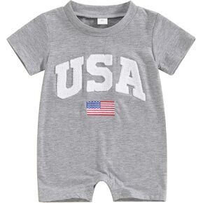 4th of July Baby Boy Girl Clothes USA Fuzzy Letter Short Sleeve Romper Jumpsuit Infant Summer Independence Clothes
