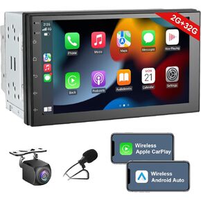 7In Double Din Car Stereo Wireless CarPlay Wireless Android Auto, Android 2+32G Touchscreen Car Radio Head Unit with Bluetooth, DSP, Live Rearview Backup Camera, GPS/USB/AUX/SWC/FM/RDS/Subwoofer