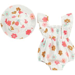 Newborn Baby Girl Clothes Fly Sleeve Floral Bubble Romper Summer Onesie Cute Girl Outfit With Hat