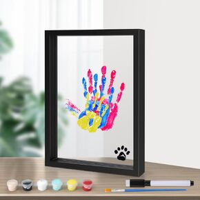 Family Handprint Kit, Transparent Baby Kid Photo Frame Wooden Colorful Craft Clear Picture Keepsake Expecting & Newborn Parent Gift for After Infant Birth Home Decoration with 6 Acrylic Paint(Black)