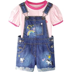 Baby & Little Girls 2 Piece Outfits Shortalls Sets, Graphic Crewneck Cotton Summer T-shirt Denim Short Overalls