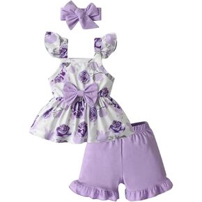 KuKitty Summer Baby Girl Clothes Ruffled Sleeve Flower Bow Tops Shorts Headband Outfits Set