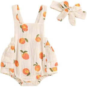 Baby Girl Peach Clothes Cotton Linen Fruit Overalls Romper Sleeveless Side Tiered Ruffled Jumpsuit Summer Outfit