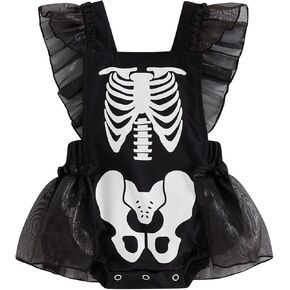 GOOCHEER Newborn Infant Baby Girl Halloween Outfit Clothes Skeleton Skull Romper Ruffle Mesh Tulle Dress Bodysuit Jumpsuit