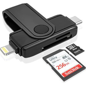 USB C Lightning SD Card Reader for iPhone 15 iPad Mac - 2 in 1 Micro SD/SD Card Adapter(Read two cards simultaneously), Portable Digital Camera Adapter Memory Card Reader, Plug and Play