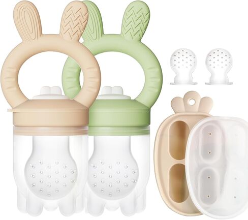 2 Packs Baby Fruit Feeder & Freezer Nibble Tray Combo, Push Pop Baby Food Feeder to Safely Introduce New Foods, Fresh & Frozen Food Silicone Feeder, 100% Food Grade, BPA free (Caramel & Olive) in Saudi Arabia