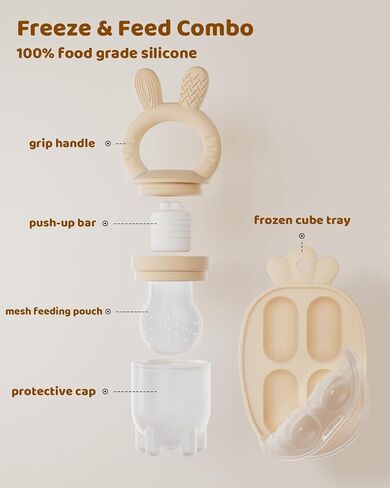 2 Packs Baby Fruit Feeder & Freezer Nibble Tray Combo, Push Pop Baby Food Feeder to Safely Introduce New Foods, Fresh & Frozen Food Silicone Feeder, 100% Food Grade, BPA free (Caramel & Olive) in Saudi Arabia