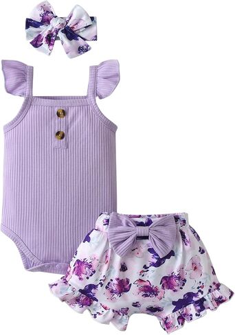 Infant Baby Girl Clothes Summer Ruffle Sleeve Romper Floral Shorts Headband 3Pcs Outfits Set in Saudi Arabia