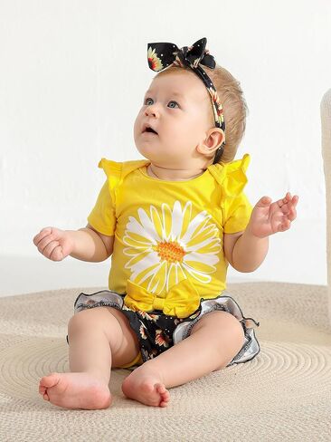 Infant Baby Girl Clothes Summer Ruffle Sleeve Romper Floral Shorts Headband 3Pcs Outfits Set in Saudi Arabia