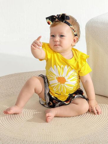 Infant Baby Girl Clothes Summer Ruffle Sleeve Romper Floral Shorts Headband 3Pcs Outfits Set in Saudi Arabia