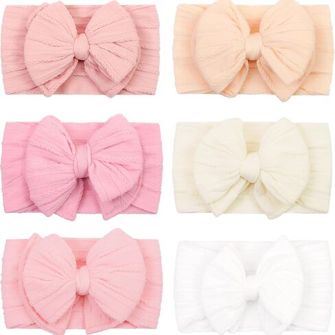 CÉLLOT 6 Pcs Super Stretchy Soft Handmade Headbands with Double Bows Head Wrap Nylon Hair Accessories For Newborn Baby Girls Infant Toddlers Kids(Pink) in Saudi Arabia
