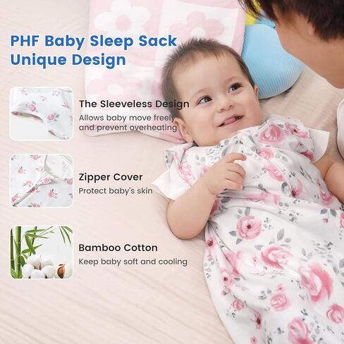 PHF 70% Rayon Derived from Bamboo and 30% Cotton Baby Sleep Sacks 0-6 Months, Baby Sleeping Bag 2-Way Zipper, 2 Pack 0.5 TOG Soft and Breathable Wearable Blanket for Baby Boys Small Size, Dinosaur in Kuwait