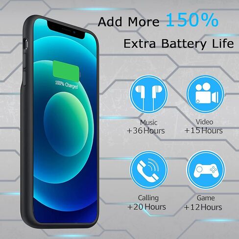 Battery Case for iPhone 12 Mini, Upgraded 6500mAh Ultra-Slim Portable Rechargeable Extended Battery Pack Charging Case Compatible with iPhone 12 Mini (5.4 inch) Charger Case Support Carplay (Black) in Kuwait