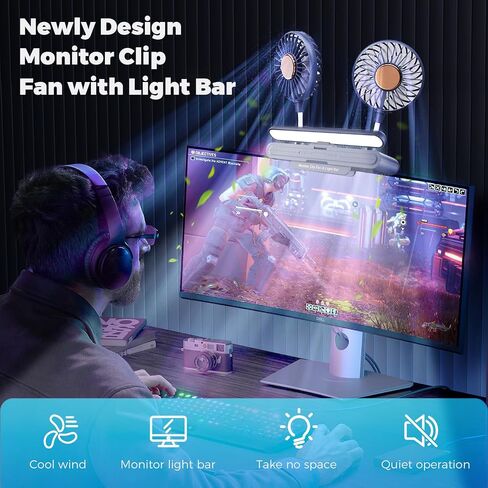Computer Monitor Light Bar with Fan, Two-Head Personal Cooling Fan Monitor Clip Quiet USB Fan Flip-Open LED Lamp, Level 3 brightness, 3 Wind Speeds，for Laptop, Flat & Curved Monitors (Deepsea Blue) in Saudi Arabia