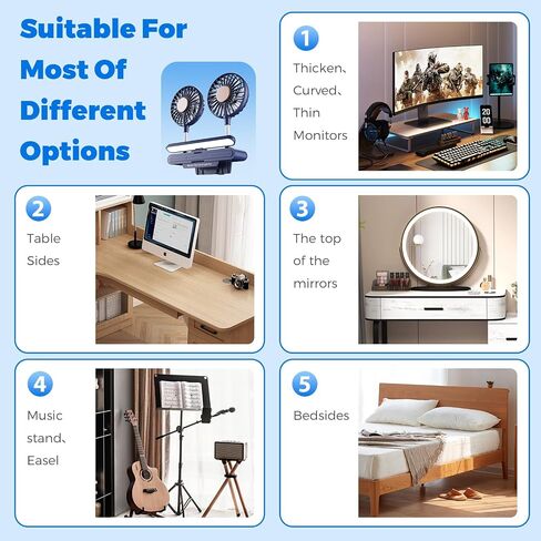 Computer Monitor Light Bar with Fan, Two-Head Personal Cooling Fan Monitor Clip Quiet USB Fan Flip-Open LED Lamp, Level 3 brightness, 3 Wind Speeds，for Laptop, Flat & Curved Monitors (Deepsea Blue) in Saudi Arabia