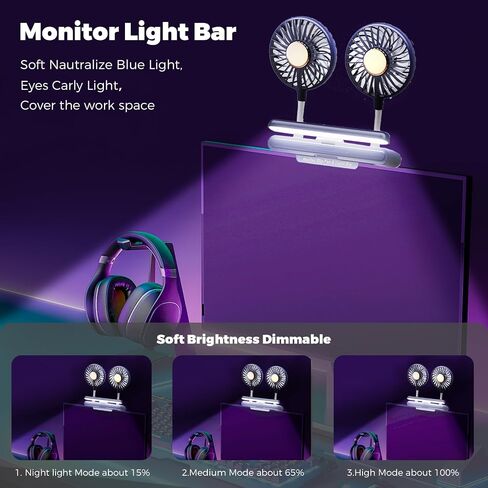 Computer Monitor Light Bar with Fan, Two-Head Personal Cooling Fan Monitor Clip Quiet USB Fan Flip-Open LED Lamp, Level 3 brightness, 3 Wind Speeds，for Laptop, Flat & Curved Monitors (Deepsea Blue) in Saudi Arabia