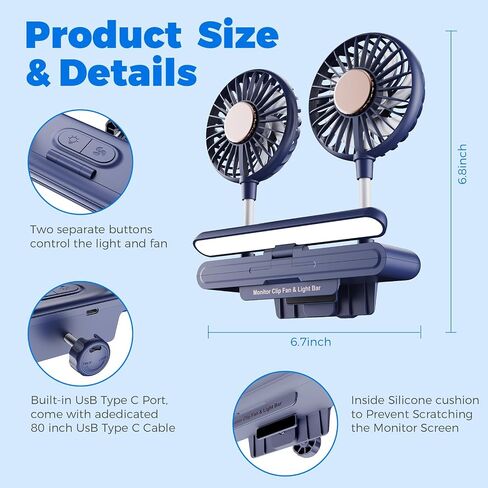 Computer Monitor Light Bar with Fan, Two-Head Personal Cooling Fan Monitor Clip Quiet USB Fan Flip-Open LED Lamp, Level 3 brightness, 3 Wind Speeds，for Laptop, Flat & Curved Monitors (Deepsea Blue) in Saudi Arabia