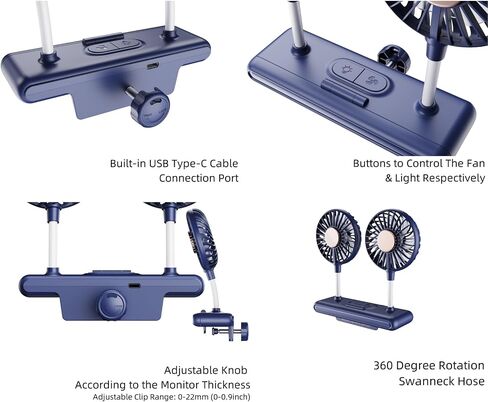 Computer Monitor Light Bar with Fan, Two-Head Personal Cooling Fan Monitor Clip Quiet USB Fan Flip-Open LED Lamp, Level 3 brightness, 3 Wind Speeds，for Laptop, Flat & Curved Monitors (Deepsea Blue) in Saudi Arabia