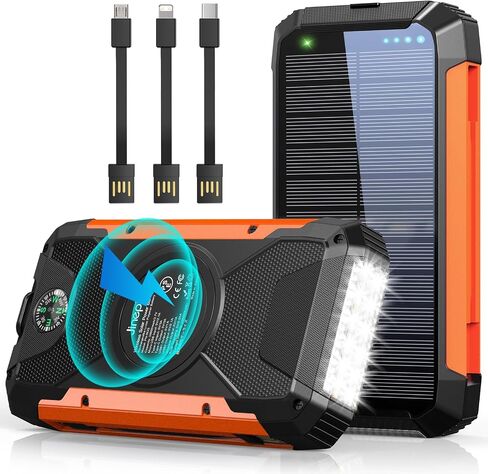 Solar Charger 38600mAh,Solar Power Bank Wireless Portable Charger Built in 3 Cables External Battery Pack Waterproof with 4 Outputs 2 Inputs USB C 15 W 5V/3A Battery Bank with Camping Light Compass in Saudi Arabia