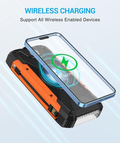 Solar Charger 38600mAh,Solar Power Bank Wireless Portable Charger Built in 3 Cables External Battery Pack Waterproof with 4 Outputs 2 Inputs USB C 15 W 5V/3A Battery Bank with Camping Light Compass in Saudi Arabia