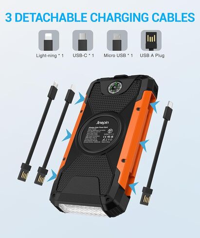 Solar Charger 38600mAh,Solar Power Bank Wireless Portable Charger Built in 3 Cables External Battery Pack Waterproof with 4 Outputs 2 Inputs USB C 15 W 5V/3A Battery Bank with Camping Light Compass in Saudi Arabia