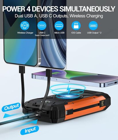 Solar Charger 38600mAh,Solar Power Bank Wireless Portable Charger Built in 3 Cables External Battery Pack Waterproof with 4 Outputs 2 Inputs USB C 15 W 5V/3A Battery Bank with Camping Light Compass in Saudi Arabia