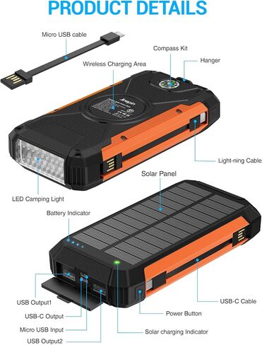 Solar Charger 38600mAh,Solar Power Bank Wireless Portable Charger Built in 3 Cables External Battery Pack Waterproof with 4 Outputs 2 Inputs USB C 15 W 5V/3A Battery Bank with Camping Light Compass in Saudi Arabia